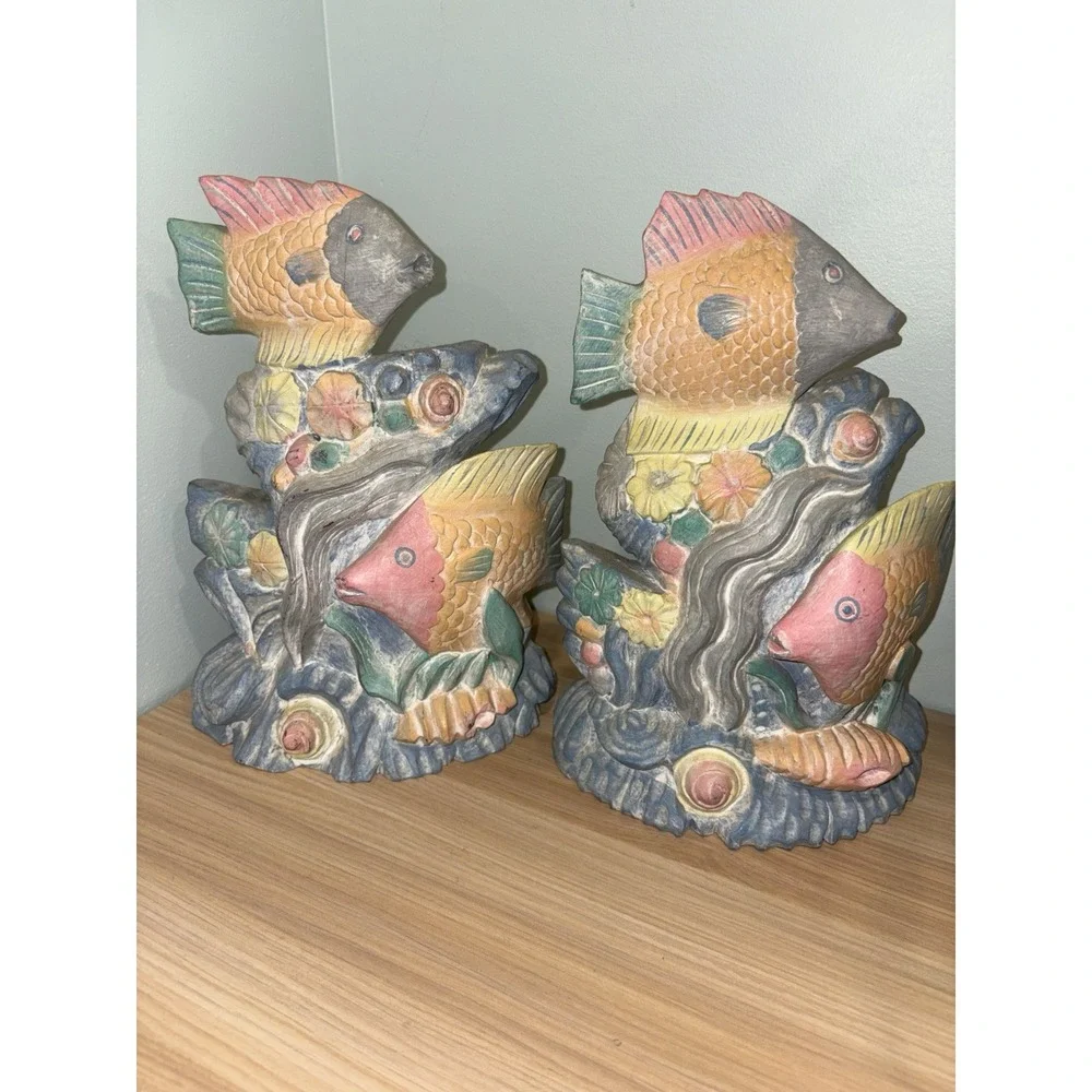 Bright Pastel Colored Ceramic Fish Figurines Bookends Book Shelf Decor Tropical